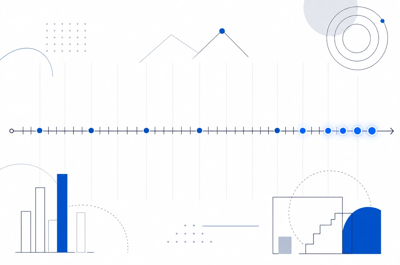 Illustrazione astratta di una linea del tempo con indicatori blu, per i nuovi casinò online ADM