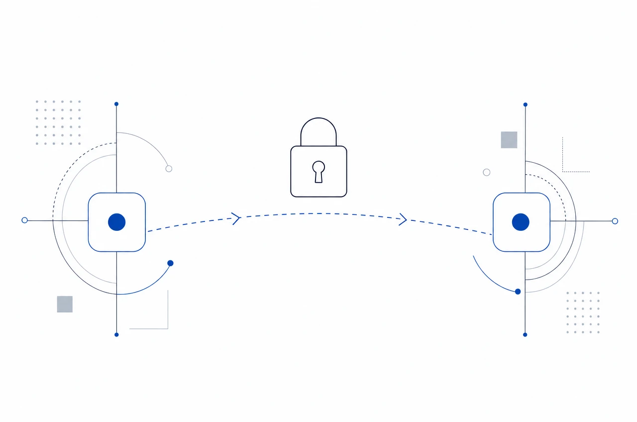 Illustrazione astratta di un trasferimento sicuro tra nodi digitali con lucchetto: deposito PayPal