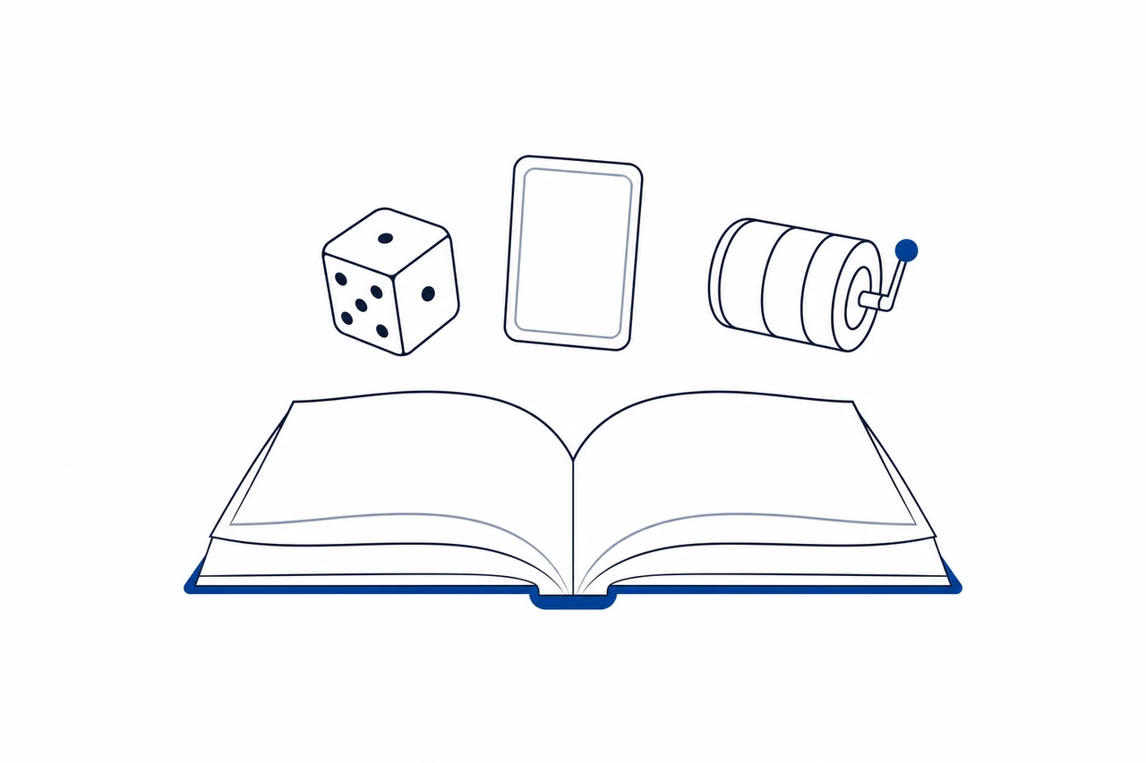 Illustrazione astratta di un libro aperto con icone di gioco per le guide al casinò online