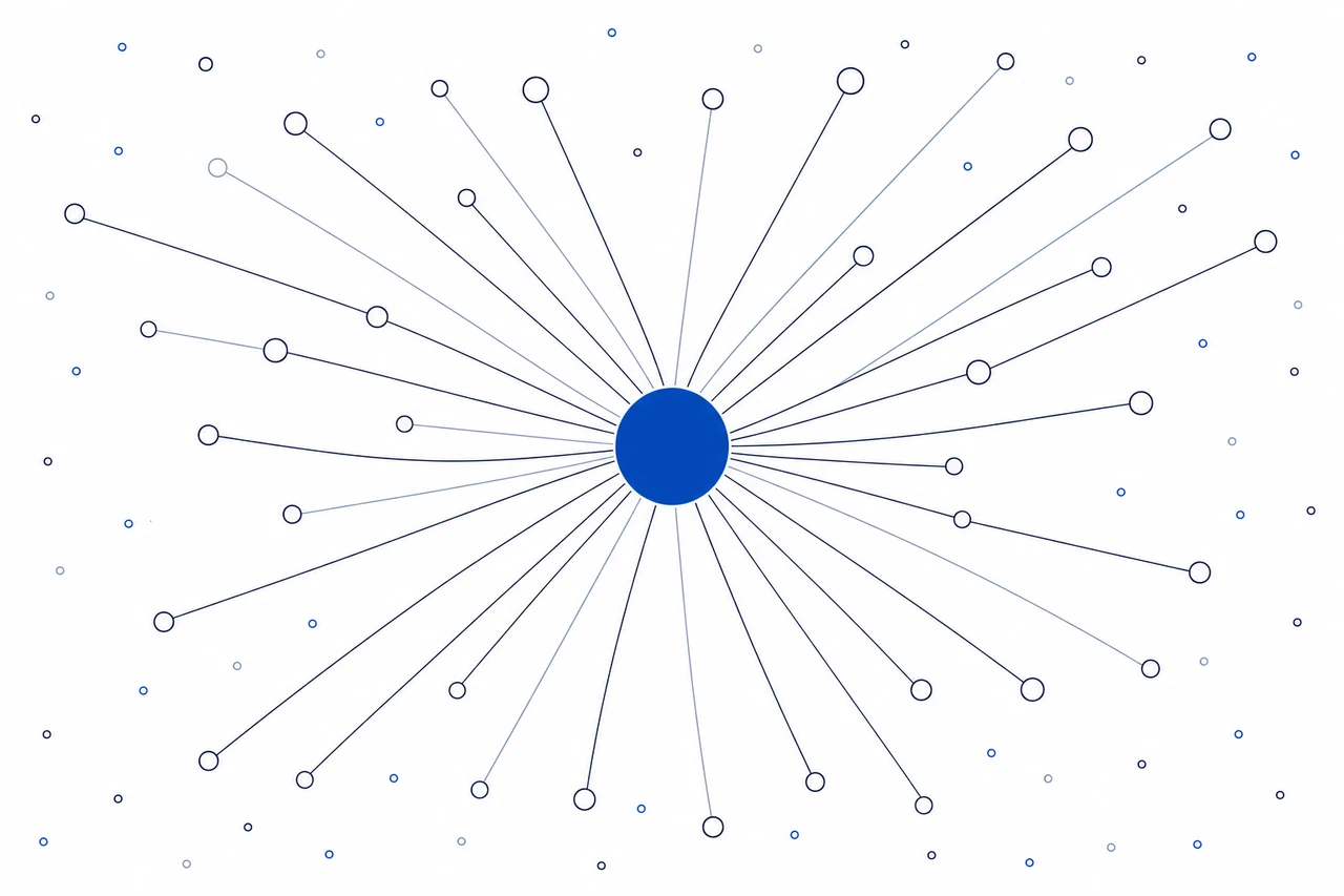 Illustrazione astratta di punti convergenti verso un nodo per il crowdfunding