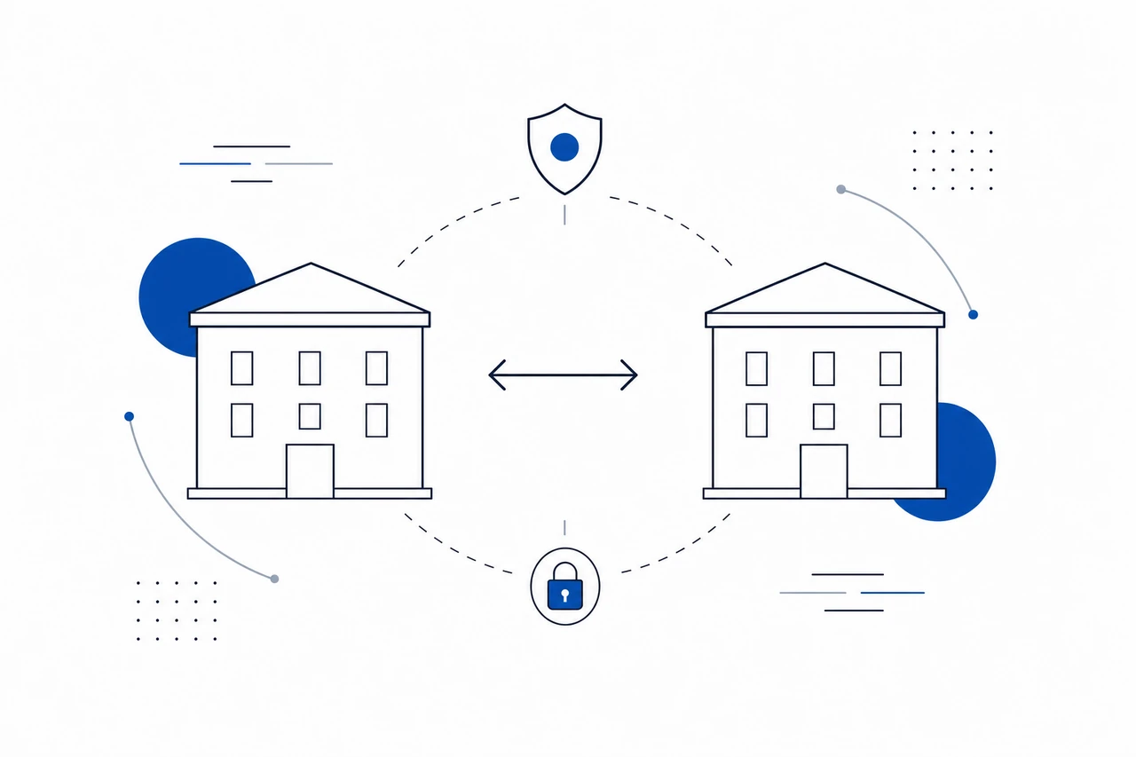 Illustrazione astratta di due edifici bancari collegati per l'open banking