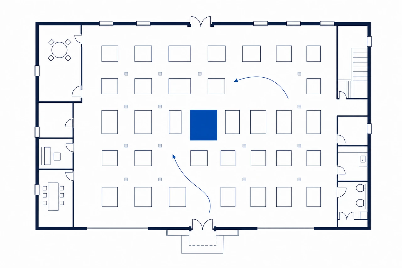 Illustrazione astratta di una pianta di una fiera vista dall'alto con stand e percorsi visitatori
