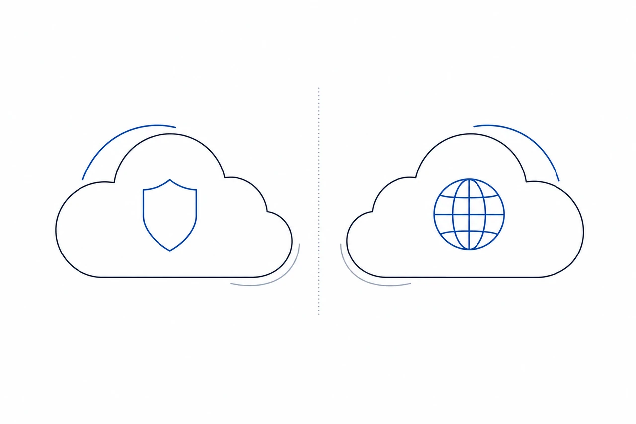 Illustrazione astratta di due nuvole (scudo e globo) per cloud nazionale o hyperscaler