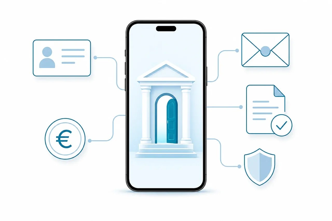 Illustrazione di uno smartphone con il portale della pubblica amministrazione collegato a documenti, pagamenti e notifiche