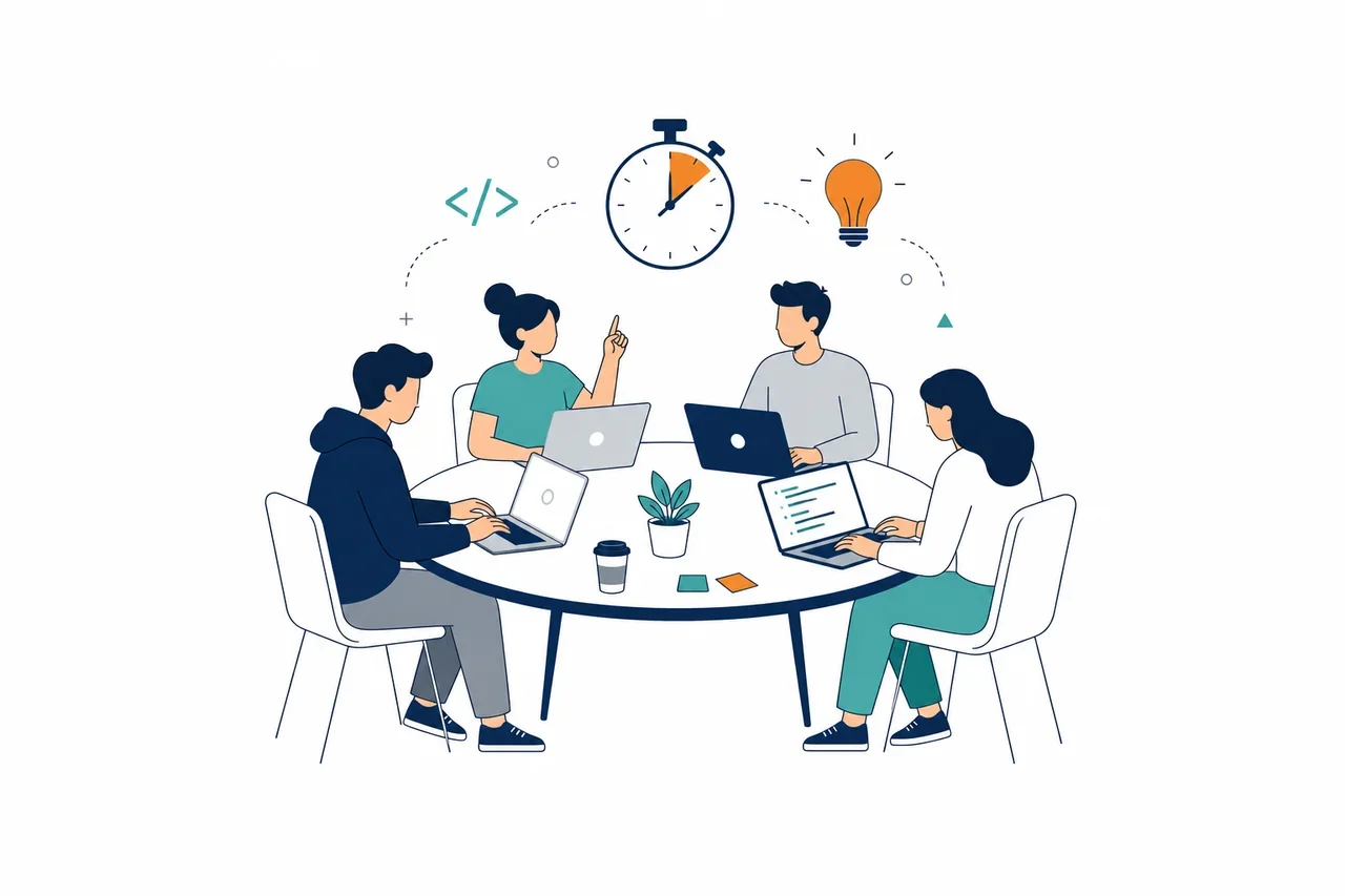 Illustrazione di un team al tavolo con laptop, cronometro e lampadina, per un hackathon