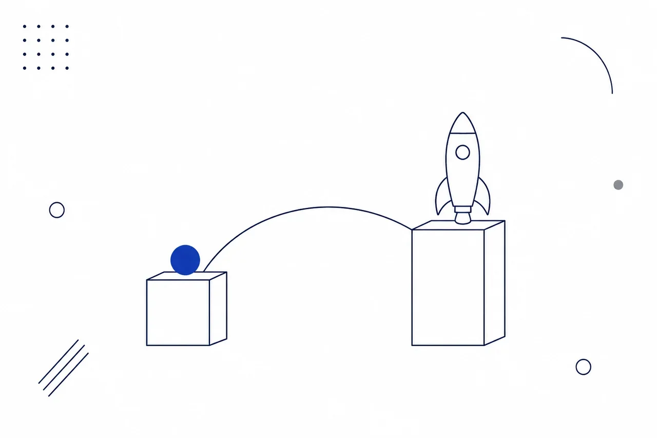 Illustrazione astratta di un razzo che decolla da un piano rialzato, per il finanziamento Smart&Start